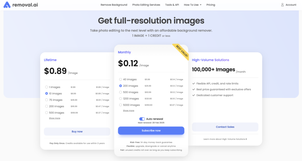 Removal.AI pricing page